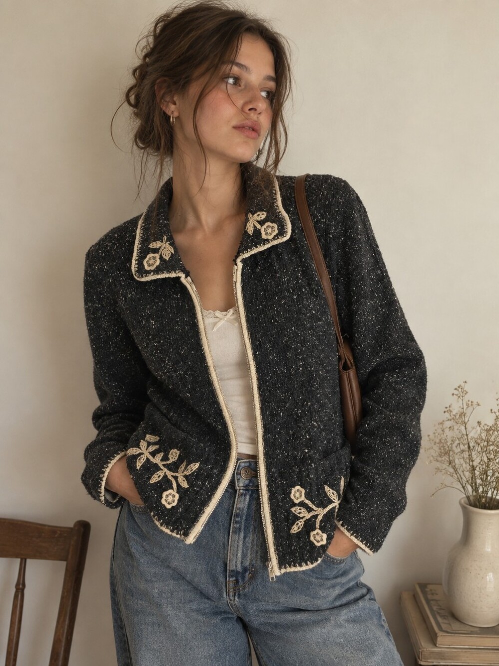 Vintage Tanjay Floral Embroidered Sweater Cardigan Size M Full Zip